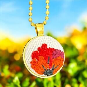 Embroidered Half Poppy in Goldtone Bezel Embroidery Necklace
